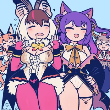 .live 4girls animal_ears bat_ears bat_girl bat_wings blazer blue_background blue_hair bow bowtie brown_hair brown_long-eared_bat_(kemono_friends) caracal_(kemono_friends) cat_ears cat_girl cat_tail dress elbow_gloves extra_ears fox_ears fox_girl gloves grey_hair hat highres inada_roku island_fox_(kemono_friends) jacket kemono_friends kemono_friends_v_project kneehighs leotard long_hair looking_at_viewer multiple_girls necktie orange_hair pantyhose ribbon rurun_rururica shirt shoes simple_background skirt sleeveless sleeveless_shirt socks tail twintails virtual_youtuber wings