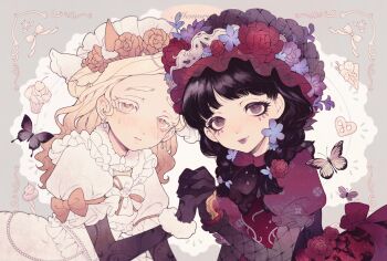 2girls animal_ears black_gloves black_hair black_vs_white blonde_hair bow bug butterfly chunjian_(chenlu769) colored_eyelashes commentary_request dress dress_bow dual_persona earrings eyelashes face_gems fishnet_sleeves fishnets flower food frilled_gloves frills gloves gradient_hair grey_eyes hair_pulled_back head_wreath highres horns identity_v insect interlocked_fingers jewelry looking_at_viewer memory_(identity_v) memory_(miss_pomegranate_plate)_(identity_v) memory_(source_of_evil)_(identity_v) multicolored_hair multiple_girls pastry pout puffy_sleeves purple_lips red_dress red_flower sheep_ears upper_body wavy_hair white_dress white_eyelashes yellow_bow yellow_eyes yellow_flower yellow_horns