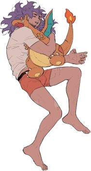 Rule 34 | 1boy, bulge, character doll, charizard, chuu ni, closed eyes, commentary request, dark-skinned male, dark skin, doll, facial hair, gen 1 pokemon, goatee, highres, leon (pokemon), male focus, male underwear, multiple scars, nintendo, open mouth, pokemon, pokemon (creature), pokemon sword and shield, red male underwear, scar, scar on leg, scar on thighs, shirt, short sleeves, simple background, solo, teeth, underwear, upper teeth only, white background, white shirt