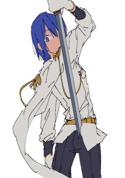 Rule 34 | 1girl, alternate costume, black pants, blue eyes, blue hair, cape, clothing request, commentary, commentary request, from behind, gloves, highres, holding, holding sword, holding weapon, jacket, korean commentary, korean text, kyosaya 00, mahou shoujo madoka magica, mahou shoujo madoka magica (anime), miki sayaka, pants, shirt, short hair, simple background, solo, sword, weapon, white background, white cape, white gloves, white shirt