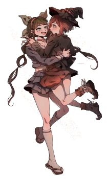 2girls absurdres bell black_hair black_jacket blue_shirt blue_skirt blush brown_sandals brown_shoes brown_socks chabashira_tenko choker commentary_request danganronpa_(series) danganronpa_v3:_killing_harmony eyelashes fangs footwear_ribbon green_eyes hair_ribbon hairband hands_on_another's_back hands_on_another's_shoulders hat hatching_(texture) highres ithwon jacket kneehighs korean_commentary lifting_person long_hair long_sleeves mole mole_under_mouth multiple_girls neck_bell open_mouth pointy_shoes red_hair red_skirt ribbon sandals shirt shoes short_hair simple_background skirt smile socks standing standing_on_one_leg twintails very_long_hair white_background white_ribbon white_socks witch_hat yumeno_himiko yuri