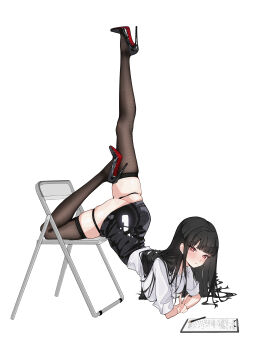 1girl absurdres ass black_hair black_shoes black_skirt black_thighhighs blue_archive breasts chair clipboard commentary_request high_heels highres leg_up long_hair looking_at_viewer no_halo qije red_eyes ringed_eyes rio_(blue_archive) shoes skirt smile solo thighhighs v