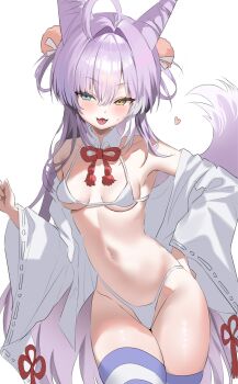 1girl ahoge aqua_eyes bikini blush breasts collar commentary_request cone_hair_bun cowboy_shot detached_collar double_bun fangs hair_between_eyes hair_bun hair_intakes hair_ornament hand_on_own_hip heart heterochromia highres japanese_clothes kekehaimahima kimono korean_commentary kosode long_bangs long_hair long_sleeves looking_at_viewer navel open_clothes open_kimono open_mouth pom_pom_(clothes) pom_pom_hair_ornament purple_hair simple_background skin_fangs small_breasts smile solo standing stellive stomach straight_hair striped_clothes striped_thighhighs swimsuit tenko_shibuki thighhighs virtual_youtuber white_background white_bikini white_collar wide_sleeves wing_collar yellow_eyes