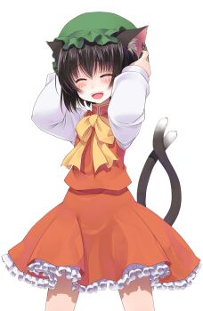 Rule 34 | 1girl, :d, ^ ^, animal ear fluff, animal ears, arms behind head, arms up, blush, bow, brown hair, cat ears, cat girl, cat tail, chen, closed eyes, commentary request, cowboy shot, crote, facing viewer, frilled skirt, frills, furrowed brow, green hat, hat, highres, large variant set, legs apart, long sleeves, mob cap, multiple tails, nekomata, open mouth, petticoat, red skirt, red vest, shirt, short hair, skirt, sleeve cuffs, sleeves past wrists, smile, standing, tachi-e, tail, teeth, touhou, transparent background, two tails, upper teeth only, variant set, vest, white shirt, yellow bow