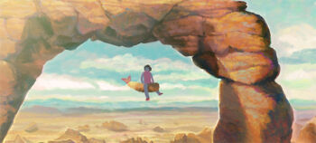 Rule 34 | 1girl, arch, black hair, blue sky, cloud, commentary request, day, desert, dress, flying, food, full body, nuq, original, outdoors, pink dress, red shoes, rock, shoes, short hair, shrimp, shrimp tempura, sky, solo, tempura