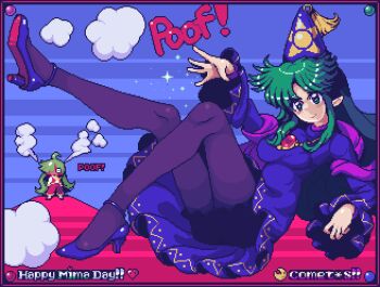 2girls ascot black_pantyhose blue_capelet blue_hat bow bowtie capelet comet_summoner98 commentary english_commentary green_hair hat high_heels kazami_yuuka kazami_yuuka_(pc-98) long_hair long_sleeves mima_(touhou) multiple_girls open_clothes open_vest pants pantyhose red_pants red_vest smile sun_print sun_symbol touhou touhou_(pc-98) vest witch_hat wizard_hat yellow_ascot yellow_bow yellow_bowtie