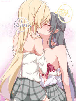 Rule 34 | 2girls, absurdres, ashigaya high school uniform, black hair, blonde hair, blush, braid, closed eyes, commentary request, grey skirt, half up braid, heart, highres, karabina, kiss, koto satsuki, long hair, multiple girls, open clothes, open shirt, ouzuka mai, partially undressed, plaid clothes, plaid skirt, pleated skirt, school uniform, shirt, sitting, sitting on lap, sitting on person, skirt, spoken heart, watashi ga koibito ni nareru wake naijan murimuri!, white shirt, yuri
