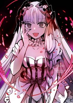 1girl bare_shoulders black_bow black_eyes blush bow braid breasts cleavage collar colored_inner_hair commentary_request detached_sleeves dress fate/strange_fake fate_(series) francesca_prelati_(fate) frilled_collar frills garter_straps grey_hair hair_bow highres long_hair looking_at_viewer medium_breasts multicolored_hair open_mouth panties ringed_eyes rioka_(southern_blue_sky) sidelocks smile solo striped_clothes striped_dress underwear very_long_hair white_dress white_hair white_panties