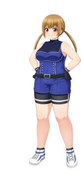 Rule 34 | 1girl, artist request, baseball uniform, belt, bike shorts, bike shorts under shorts, black belt, black gloves, black shorts, black socks, blue shirt, blue shoes, blue shorts, brown hair, cinderella series, closed mouth, covered navel, gloves, hachigatsu no cinderella nine, hands on own hips, highres, kazamatsuri serina, long hair, looking at viewer, low twintails, multicolored shoes, official art, plump, purple eyes, shirt, shoes, shorts, sleeveless, sleeveless shirt, socks, solo, sportswear, thick thighs, thighs, transparent background, twintails, two-tone shoes, white shoes, white trim