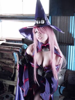 1girl 2018 arc_system_works black_sclera black_shoes blazblue bra bra_pull breasts cape cleavage clothes_pull colored_sclera commentary contrapposto cosplay cosplay_photo day detached_sleeves dress female_focus full_body gloves grin hair_over_one_eye hat high_heels indoors japanese_(nationality) konoe_a._mercury konoe_a._mercury_(cosplay) large_breasts long_hair long_sleeves looking_at_viewer mature_female one_eye_covered orange_eyes photo_(medium) pink_hair pink_lips purple_dress purple_gloves purple_hat purple_thighhighs real_life red_cape seductive_smile shoes short_dress sleeveless sleeveless_dress smile solo standing strappy_heels sunlight takana_mikoko teasing thighhighs underwear very_long_hair wavy_hair wide_sleeves witch witch_hat
