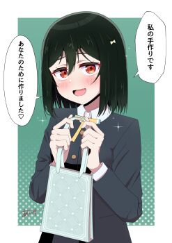 1girl absurdres artist_name bag black_jacket blue_bag blush bob_cut border buttons collared_shirt commentary_request dress_shirt green_background green_hair hair_between_eyes hair_ribbon highres holding holding_bag ice_compass0610 incoming_gift jacket long_sleeves looking_at_viewer love_live! love_live!_nijigasaki_high_school_idol_club medium_hair mifune_shioriko neck_ribbon nijigasaki_school_uniform orange_eyes outside_border ribbon school_uniform shirt signature solo sparkle speech_bubble swept_bangs translation_request upper_body white_border white_shirt winter_uniform yellow_ribbon