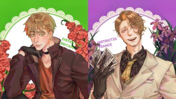 2boys axis_powers_hetalia blonde_hair brothers choker collared_shirt earrings flower formal_clothes france_(hetalia) gloves green_eyes highres jacket jewelry long_sleeves looking_at_viewer male_focus multiple_boys necktie open_mouth purple_eyes sheepgooo shirt short_hair siblings smile split_screen suit thick_eyebrows united_kingdom_(hetalia) upper_body