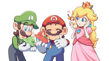 blonde_hair brown_hair cake crown dress drink eating facial_hair food hat hoshikuzu_pan japanese_text luigi mario mario_(series) mustache nintendo overalls princess_peach shirt shoes smile super_nintendo_world universal_studios