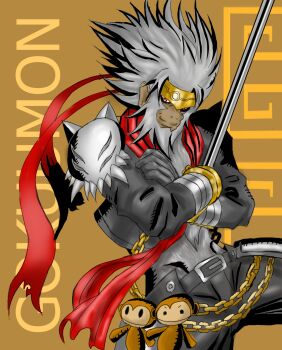 belt digimon gokuwmon highres journey_to_the_west monkey scarf smile sun_wukong sword weapon
