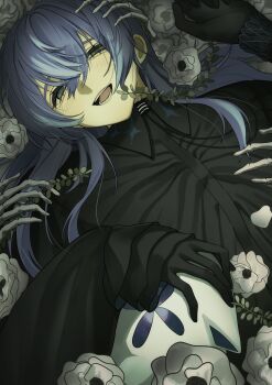 1boy absurdres aqua_eyes black_gloves black_shirt commentary_request eyelashes flower flower_bed gloves half-closed_eyes highres hoshirube_sho hoshirube_sho_(1st_costume) long_hair long_sleeves looking_at_viewer male_focus multicolored_hair nijisanji open_mouth otomo_(hoshirube_sho) pucorn_(popcorn_popo_n) purple_hair shirt skeletal_hand sleeves_past_wrists smile solo streaked_hair teeth upper_body virtual_youtuber white_flower