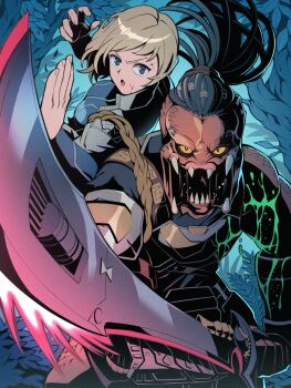 1boy alien armor blonde_hair blue_eyes dek_(predator) dreadlocks highres holding holding_weapon mandibles monster open_mouth pechamaju predator:_badlands predator_(1987) predator_(character) predator_(series) robot short_hair shoulder_armor sword thia_(predator) weapon yellow_eyes