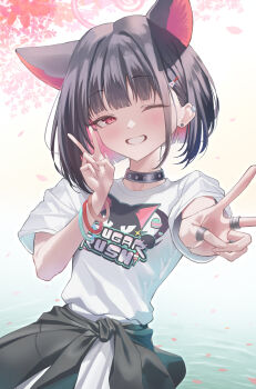 1girl ;d absurdres animal_ears azuma_(sospower73) black_cardigan black_choker black_hair blue_archive blush bracelet cardigan cardigan_around_waist cat_ears choker clothes_around_waist colored_inner_hair commentary_request double_v earclip earrings extra_ears falling_petals foreshortening halo highres jewelry kazusa_(band)_(blue_archive) kazusa_(blue_archive) logo_print looking_at_viewer multicolored_hair official_alternate_costume one_eye_closed open_mouth partial_commentary petals pink_hair pleated_skirt print_shirt ring shirt short_hair skirt smile solo stud_earrings two-tone_hair v white_shirt white_skirt