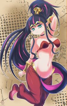 1girl absurdres animal arabian_clothes arm_behind_head armpits bandeau bare_shoulders bird blue_eyes blunt_bangs bracer breasts bright_pupils colored_inner_hair commentary_request cosplay earrings full_body genie harem_outfit harem_pants high_ponytail highres hoop_earrings jewelry large_breasts leg_up long_hair looking_at_viewer midriff multicolored_hair navel pants panty_&amp;_stocking_with_garterbelt pink_hair pointy_ears pointy_shoes ponytail purple_hair red_bandeau red_pants red_shoes red_tube_top serious shadefalcon shantae shantae_(cosplay) shantae_(series) shoes signature solo standing standing_on_one_leg stocking_(psg) strapless tiara tube_top two-tone_hair very_long_hair white_pupils