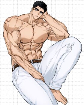 Rule 34 | 1boy, arm behind head, bara, barefoot, belt, black hair, blue eyes, bodybuilder, brown belt, domo (domo kizusuki), feet, highres, knee up, kokado shido (domo), large pectorals, male focus, manly, muscular, muscular arms, muscular male, nipples, original, pants, pectoral cleavage, pectorals, scar, scar on arm, short hair, shredded muscles, sideburns, simple background, tareme, thick eyebrows, thick thighs, thighs, topless male, v-taper, veins, veiny arms, veiny crotch, white pants