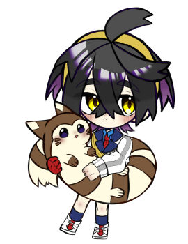 1boy :&lt; absurdres ahoge black_hair blueberry_academy_school_uniform chibi colored_inner_hair crossed_bangs furret gen_2_pokemon gloves hair_between_eyes hairband highres holding holding_pokemon kieran_(pokemon) male_focus multicolored_hair nintendo pokemon pokemon_(creature) pokemon_sv purple_hair red_gloves school_uniform single_glove solo titara_1230 two-tone_hair white_background yellow_eyes yellow_hairband