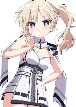 1girl absurdres blonde_hair blue_eyes blush breasts cleavage cowboy_shot dress hand_on_own_hip hand_up highres looking_at_viewer looking_down medium_breasts one_side_up open_mouth orkastle pointing ponytail side_ponytail sleeveless sleeveless_dress solo standing strapless tsukimirin tsurime v-shaped_eyebrows white_background white_dress yuriel_(orkastle) zipper