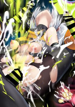 1girl 4boys absurdres arms_behind_back bar_censor bare_shoulders breasts censored commentary_request cum cum_in_pussy cum_on_body cum_on_breasts cum_on_upper_body detached_sleeves ejaculation ethereal_(zenless_zone_zero) gangbang goggles grabbing_another's_breast groping group_sex head_back highres internal_cumshot large_breasts large_variant_set multiple_boys nipples onigirikun pants penis ponytail rape restrained sex short_hair soldier_11_(zenless_zone_zero) teeth torn_clothes vaginal variant_set white_hair zenless_zone_zero zipper