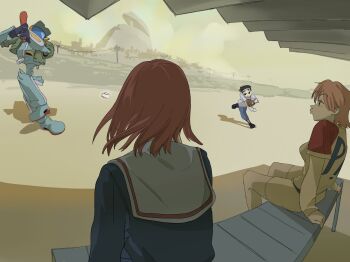 Rule 34 | 2girls, baseball, baseball bat, baseball uniform, canti, flcl, green jacket, haruhara haruko, highres, jacket, multiple girls, nandaba naota, pink hair, pink punk ponk, playing sports, red hair, robot, sailor collar, samejima mamimi, shadow, short hair, sitting, sportswear, television