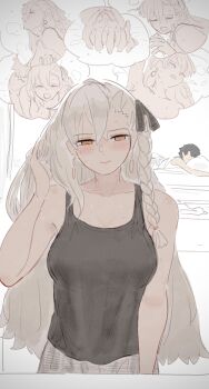 1boy 1girl absurdres aftersex all_fours bed bed_sheet black_hair blush braid breasts command_spell commentary_request doggystyle embarrassed fate/grand_order fate_(series) fujimaru_ritsuka_(male) grabbing_another's_breast groping hair_ribbon hetero highres holding_hands hoshimira interlocked_fingers long_hair morning_after necktie nude olga_marie_animusphere olga_marie_animusphere_(unbeast) on_bed pillow ribbon sex sex_from_behind sleeping under_covers white_hair