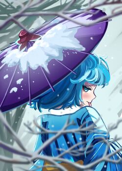 Rule 34 | 1girl, absurdres, bare tree, blue eyes, blue hair, commentary, highres, holding, holding umbrella, looking at viewer, looking back, oil-paper umbrella, osakana16120335, outdoors, short hair, snow, solo, tatara kogasa, tongue, touhou, tree, umbrella, upper body