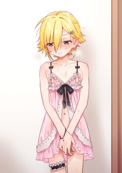 1boy averting_eyes babydoll blonde_hair blush bracelet closed_mouth clothing_request collarbone cowboy_shot cr-r crossdressing crossdressing_(mtf) dress ear_blush embarrassed frilled_thigh_strap green_eyes hair_between_eyes hair_ornament heart heart_hair_ornament jewelry lingerie male_focus navel negligee nijisanji nipple_cutout open_clothes pink_babydoll pink_dress short_hair solo sweat thigh_strap trap underwear uzuki_kou virtual_youtuber