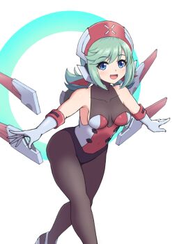 1girl bare_shoulders blue_eyes bodystocking breasts cowboy_shot detached_sleeves green_hair green_halo gunvolt_chronicles_luminous_avenger_ix_2 halo hat inumaru75707951 leotard mechanical_wings nurse_cap open_mouth roro_(gunvolt) small_breasts solo white_leotard wings