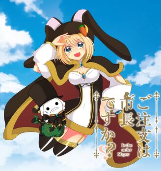 Rule 34 | 2girls, animal ears, black bow, black bowtie, black cape, black dress, black hat, black thighhighs, blonde hair, blue eyes, blue sky, blush, bow, bowtie, breasts, cape, carrot hat ornament, cloud, commentary request, crescent, crescent hat ornament, day, dress, elbow cutout, fake animal ears, full body, fur-trimmed cape, fur-trimmed dress, fur trim, garter straps, goblin mask, green dress, green eyes, hat, hat ornament, highres, jumping, looking at viewer, mask, masked, medium breasts, mini person, minigirl, multiple girls, official alternate costume, open mouth, outdoors, rabbit ears, ragnarok online, red cape, rozelia00, short dress, short hair, sky, smile, summoner (ragnarok online), thighhighs, top hat, translation request, two-sided cape, two-sided fabric, two-tone dress, warlock (ragnarok online), white dress