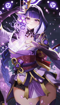 1girl absurdres breasts cleavage commentary electricity genshin_impact glowing glowing_sword glowing_weapon hair_ornament highres holding holding_sword holding_weapon human_scabbard japanese_clothes katana kimono large_breasts long_hair looking_at_viewer low-tied_long_hair mitsudomoe_(shape) mole mole_under_eye musou_isshin_(genshin_impact) neck_ribbon parted_lips purple_eyes purple_hair purple_kimono raiden_shogun red_ribbon red_sash ribbon sash solo sword taiji_(jonglopoggyeog1) thighhighs thighs tomoe_(symbol) weapon