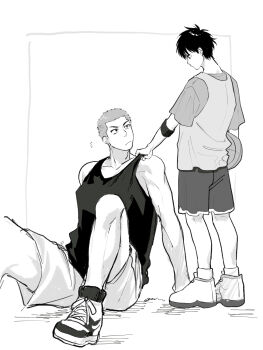 2boys a_nzi_end absurdres age_difference aged_down ball basketball_(object) clothes_grab collarbone commentary_request grabbing_another's_shirt greyscale highres male_focus monochrome multiple_boys rukawa_kaede sakuragi_hanamichi shoes short_hair short_sleeves shorts sitting slam_dunk_(series) sneakers socks tank_top