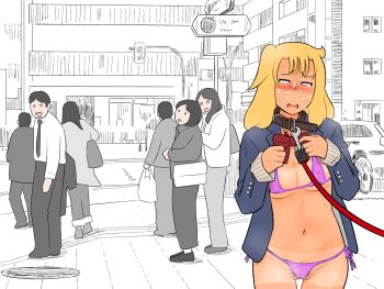 1girl afunai animal_collar bdsm bikini blonde_hair bukkake collar cum exhibitionism gyaru leash masochism navel original pubic_hair public_indecency slave swimsuit tears