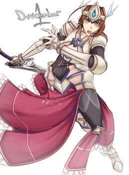 Rule 34 | 1girl, absurdres, ahoge, armor, braid, breasts, brown hair, dated, duvalie, eiyuu densetsu, english text, faulds, gloves, greaves, green eyes, hair between eyes, hair bun, highres, holding, holding sword, holding weapon, huge weapon, looking at viewer, moren eh, open mouth, red tabard, sen no kiseki (series), short hair, simple background, solo, sword, tabard, vambraces, weapon, white background, white gloves