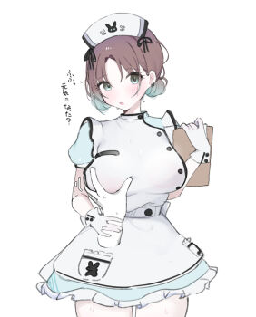 1girl apron asakura_toru blue_dress blue_eyes blue_hair blush brown_hair commentary_request double_bun dress ear_piercing gloves grabbing_another's_arm grabbing_another's_breast gradient_hair groping hair_bun hat highres holding idolmaster idolmaster_shiny_colors kotatuneko15 multicolored_hair nipples nurse nurse_cap open_mouth pale_skin piercing see-through_clothes short_sleeves smile sweatdrop thighs translation_request white_gloves