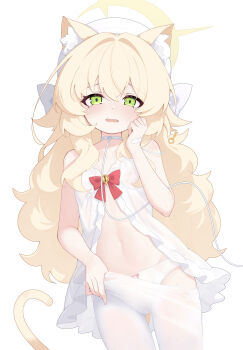 1girl absurdres alternate_costume animal_ear_fluff animal_ears bandaid bandaid_on_hand bare_shoulders beret blonde_hair blue_archive blush bow cat_ears cat_girl cat_tail clothes_pull collar collarbone crying crying_with_eyes_open dot_nose fang fingernails flat_chest green_eyes hair_between_eyes hair_bow hair_over_shoulder halo hand_up hat highres jiuchong_ying_fengxue kemonomimi_mode leash loli long_hair looking_at_viewer open_mouth panties panties_under_pantyhose pantyhose pantyhose_pull professor_niyaniya_(blue_archive) red_bow simple_background solo standing tail tears thighs torn_clothes torn_pantyhose underwear very_long_hair wavy_hair white_background white_bow white_collar white_hat white_panties white_pantyhose yellow_halo