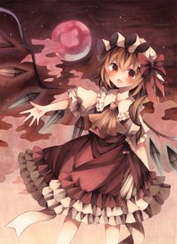 Rule 34 | 1girl, absurdres, ascot, blonde hair, bow, collared shirt, commentary, crystal, crystal wings, flandre scarlet, frilled shirt collar, frilled skirt, frills, hat, hat bow, highres, mob cap, multicolored wings, one side up, puffy short sleeves, puffy sleeves, red bow, red eyes, red skirt, red vest, shirt, short sleeves, skirt, skirt set, solo, touhou, traditional media, utsuro (kz hokuto), vest, white hat, wings, yellow ascot