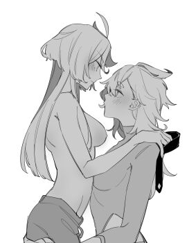 ahoge blush bodysuit breasts commentary_request cowboy_shot greyscale groin gundam gundam_suisei_no_majo hair_between_eyes hands_on_another's_shoulders highres holding holding_unworn_clothes holding_unworn_necktie long_hair looking_at_another medium_breasts medium_hair miorine_rembran monochrome necktie nipples no_shirt partially_undressed sidelocks small_breasts straddling suletta_mercury thick_eyebrows topless_female turtleneck unworn_necktie white_background yuri zhuotian