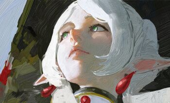 absurdres brush_stroke collar daodtt earrings faux_traditional_media frieren green_eyes highres jewelry looking_up meme parted_bangs pointy_ears sousou_no_frieren teardrop_earrings upward_angle_frieren_drawing_(meme) white_hair