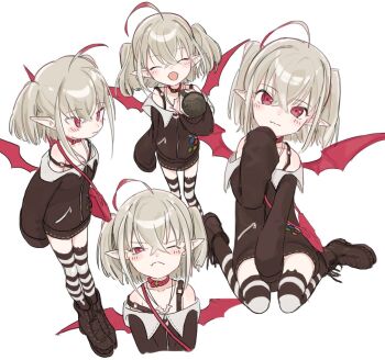 1girl ahoge animal_ear_legwear ankle_boots anze_nna asymmetrical_legwear badge bag bare_shoulders belt_collar between_legs black_boots black_jacket black_skirt black_thighhighs blush boots button_badge cat_ear_legwear closed_eyes closed_mouth collar collarbone colored_tips cropped_legs cropped_torso demon_wings dyed_ahoge fangs full_body grey_hair hair_between_eyes hand_on_own_chin handbag holding holding_microphone jacket jewelry looking_ahead looking_at_viewer makaino_ririmu makaino_ririmu_(2nd_costume) medium_hair microphone miniskirt mismatched_legwear multicolored_hair multiple_views necklace nijisanji off-shoulder_jacket off_shoulder one_eye_closed open_mouth pointy_ears red_bag red_collar red_eyes red_streaks red_wings shoulder_bag sidelocks simple_background sitting skin_fangs skirt sleeves_past_fingers sleeves_past_wrists smile standing strap_slip streaked_hair striped_clothes striped_thighhighs thighhighs twintails virtual_youtuber wariza white_background white_thighhighs wings zettai_ryouiki zipper zipper_pull_tab