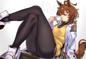 1girl absurdres agnes_tachyon_(tach-nology)_(umamusume) agnes_tachyon_(umamusume) animal_ears brown_eyes brown_hair commentary crossed_legs cup drinking earrings ebora english_commentary highres holding holding_cup horse_ears horse_girl horse_tail jewelry lab_coat medium_hair necktie pantyhose simple_background single_earring sitting solo sugar_cube tail teacup thighs umamusume wolf_cut