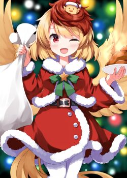 1girl ;d animal animal_on_head baby_animal belt bird bird_girl bird_on_head bird_tail bird_wings black_belt blonde_hair blurry blurry_background blush bow bowtie chick chicken_(food) christmas commentary cowboy_shot dress food fur-trimmed_dress fur-trimmed_sleeves fur_trim green_bow green_bowtie highres holding holding_plate holding_sack long_sleeves looking_at_viewer multicolored_hair niwatari_kutaka on_head one_eye_closed open_mouth pantyhose plate red_dress red_eyes red_hair ruu_(tksymkw) sack santa_costume santa_dress short_hair smile solo tail touhou two-tone_hair white_pantyhose wide_sleeves wings