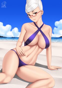 1girl arm_support ayase_seiko beach bikini blue_sky breasts cleavage closed_mouth cloud dandadan day glasses highres large_breasts leaning_to_the_side looking_at_viewer mature_female navel ocean outdoors purple_bikini red-framed_eyewear red_eyes rocky-ace sitting sky solo stomach swimsuit thighs white_hair