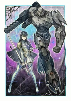 1boy 1girl absurdres arm_mounted_weapon bakuzan black_eyes black_hair blue_neckerchief boots border cannon clenched_hands closed_mouth commentary crossover decepticon dress english_commentary epaulettes full_body hair_ornament hairclip hand_on_own_hip highres insignia junketsu katana kill_la_kill kiryuuin_satsuki long_hair long_sleeves looking_at_viewer mecha megatron neckerchief open_mouth outside_border pleated_dress red_eyes robot sheath sheathed standing subakeye sword thigh_boots transformers very_long_hair weapon white_boots white_border white_dress
