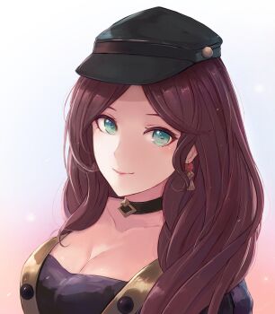 1girl breasts brown_hair choker cleavage collarbone dorothea_arnault earrings fire_emblem fire_emblem:_three_houses green_eyes hat highres jewelry large_breasts leonmandala long_hair looking_at_viewer nintendo solo