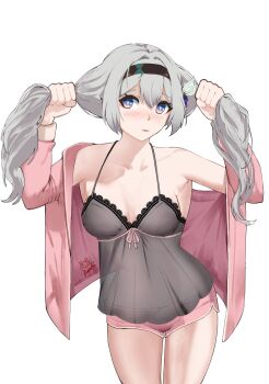 1girl absurdres blue_ribbon blush breasts brown_hairband dolphin_shorts firefly_(honkai:_star_rail) gradient_eyes green_pupils grey_hair hair_between_eyes hair_intakes hair_ornament hair_ribbon hairband highres holding holding_own_hair honkai:_star_rail honkai_(series) kagurachi lingerie long_hair medium_breasts multicolored_eyes open_clothes open_mouth open_shirt pajamas pink_pajamas pink_shirt pink_shorts ribbon shirt shorts simple_background smile underwear white_background