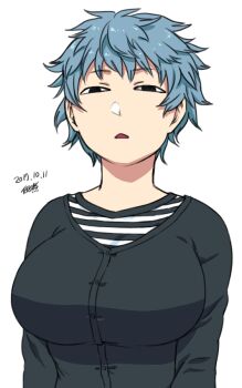 1girl :d black_eyes black_sweater blue_hair breasts buttons dated large_breasts long_sleeves open_mouth original shirt short_hair signature simple_background smile striped_clothes striped_shirt sweater tsukudani_(coke-buta) upper_body very_short_hair white_background