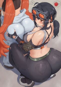 2girls ahoge anger_vein ass bare_shoulders black_gloves black_hair black_pants black_sports_bra breasts brown_eyes fingerless_gloves gloves goggles goggles_on_head grabbing_another's_ass grace_howard grey_background groping huge_ass kim_somang koleda_belobog large_breasts long_hair multiple_girls pants ponytail red_hair simple_background spoken_anger_vein sports_bra squatting standing sweat torn_clothes torn_pants twintails very_long_hair yuri zenless_zone_zero